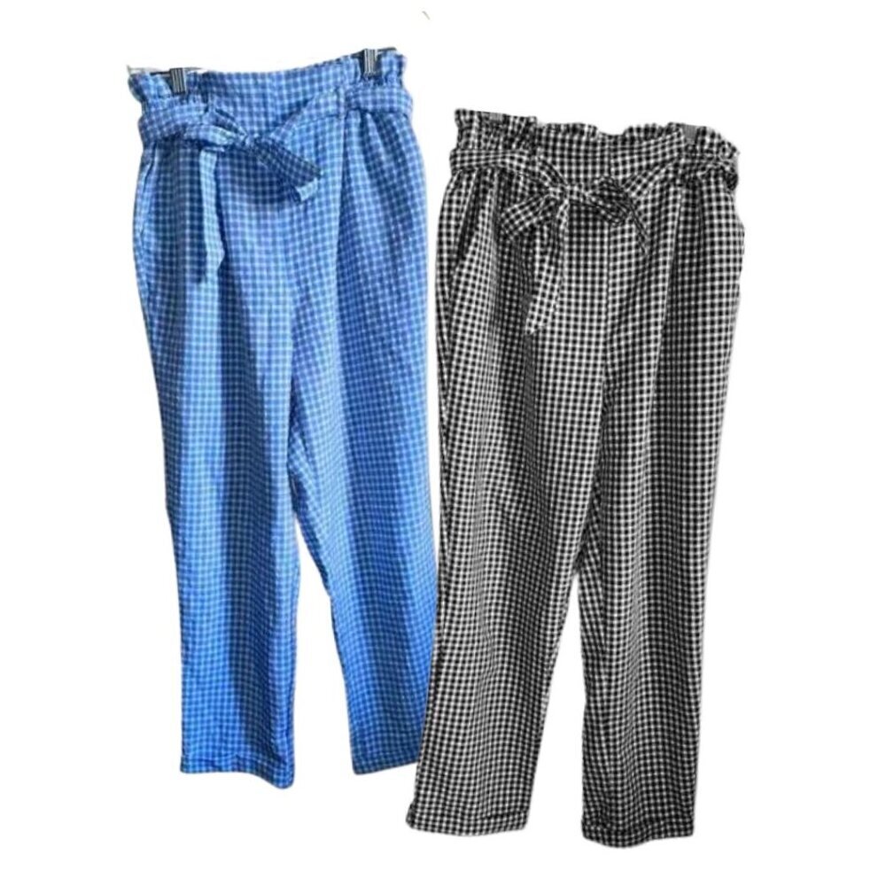 SET Black & Blue White Gingham Paperbag Women's Linen Pants Sienna Sky